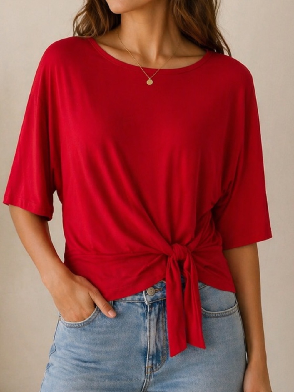 Clara Sun Woo Top Small Red Tie Front Blouse Stretch Knit Dolman Sleeve Casual